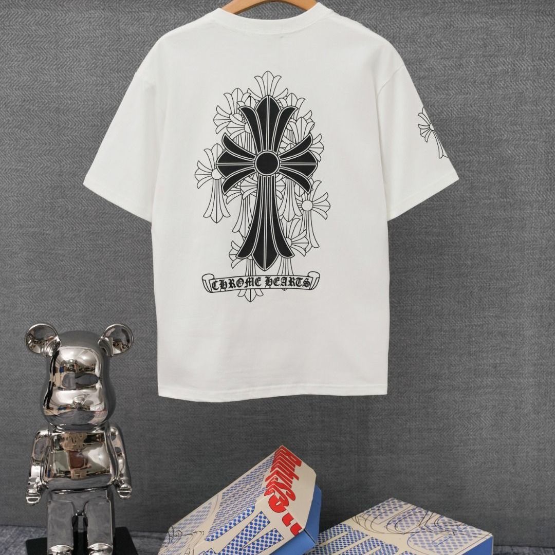 Unisex Loose-fit Chrome Hearts-inspired T-shirt with Sanskrit Pocket & Cross Print