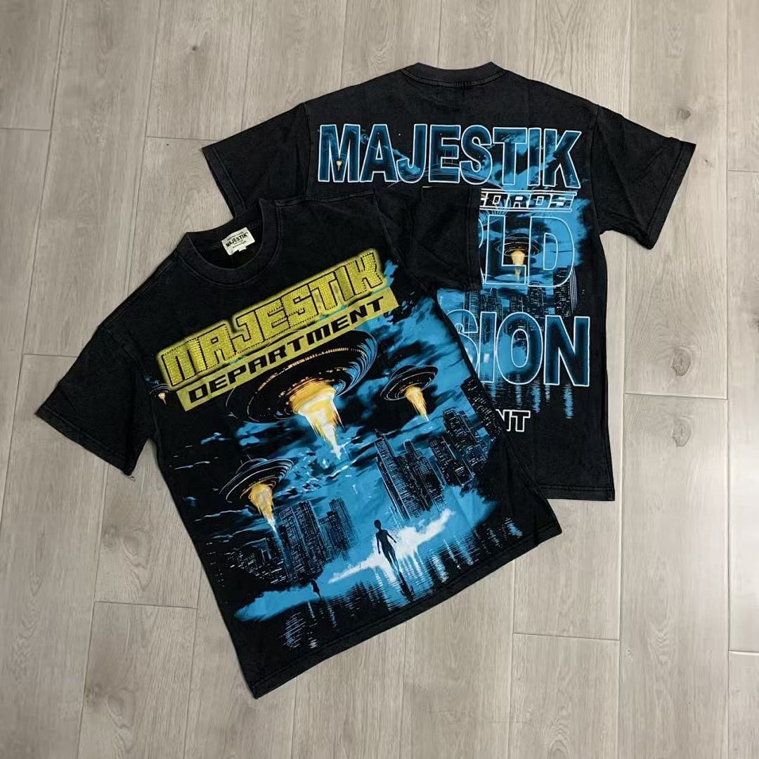 MAJ American Street Retro Spaceship Print Hot-fix Rhinestone Washed Vintage Trendy T-shirt