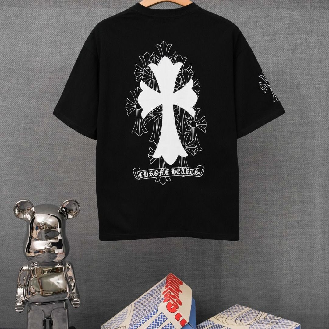 Unisex Loose-fit Chrome Hearts-inspired T-shirt with Sanskrit Pocket & Cross Print
