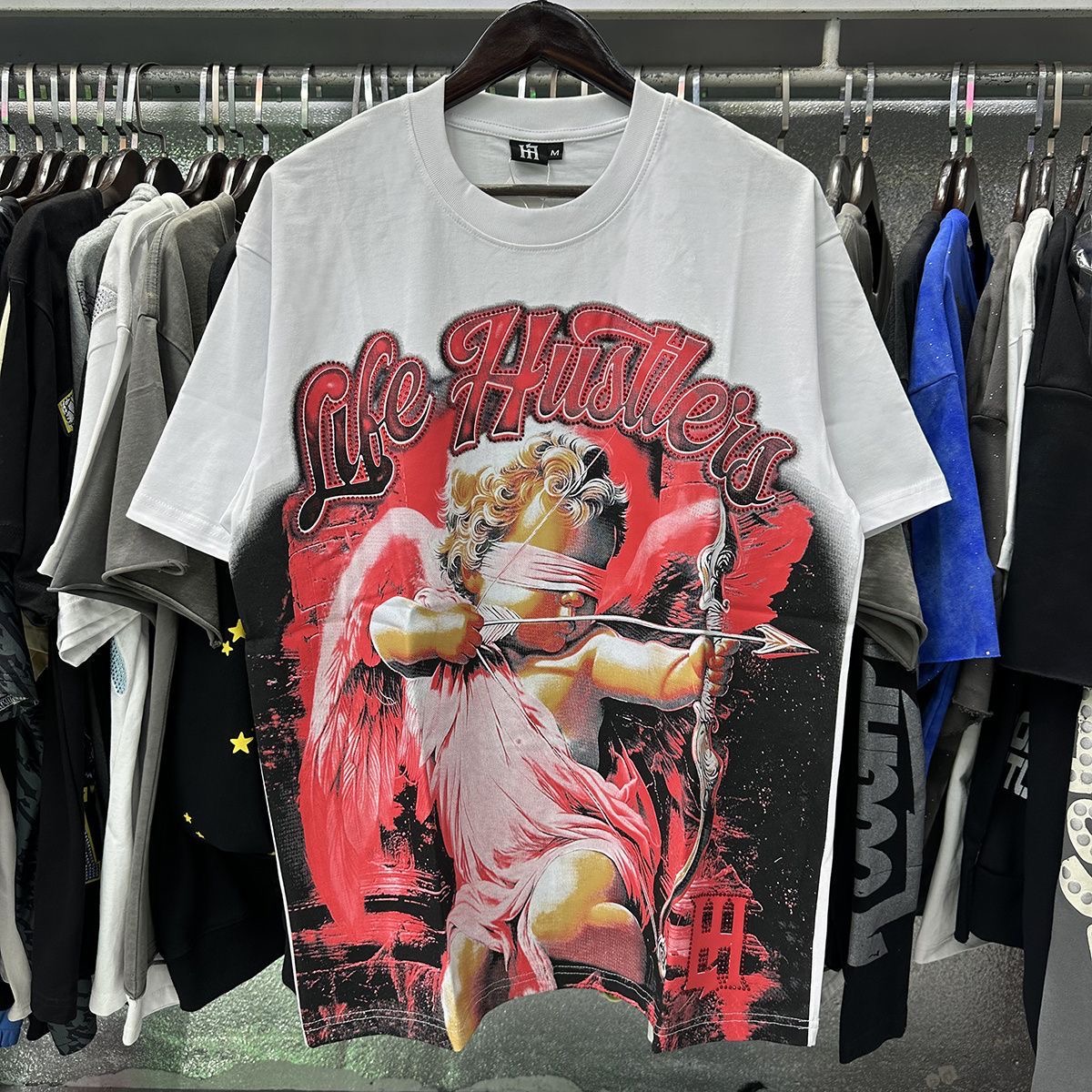 Life Hustlers Bling Cupid Masked Angel Archery Print Rhinestone Unisex Short Sleeve T-Shirt