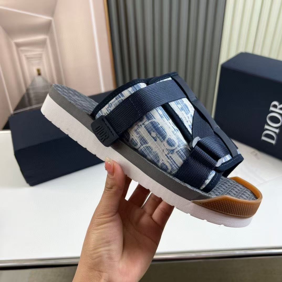 Dior New Light & Dark Blue Oblique Jacquard Printed Adjustable Strap Sports Slides