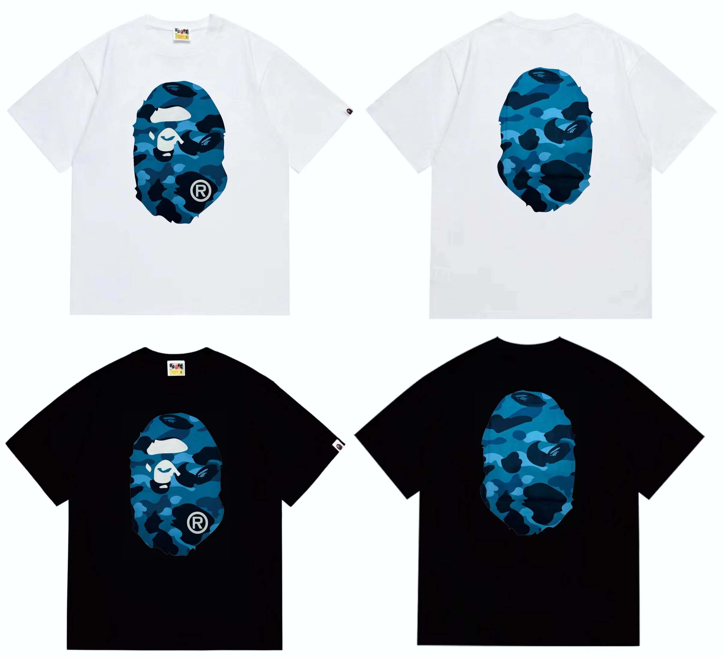 Blue honeycomb camo letters big ape man head double-sided printed t shirt