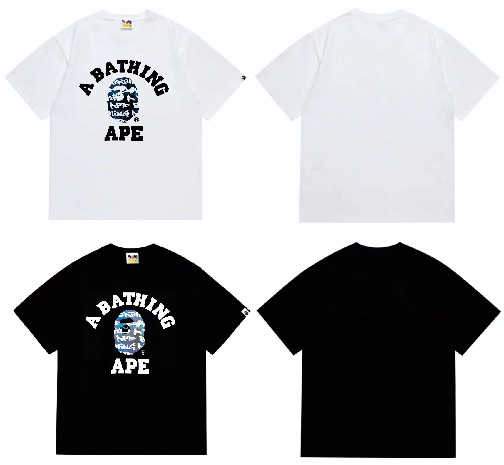 Blue camo ape man head letter print doodle plaid T shirt