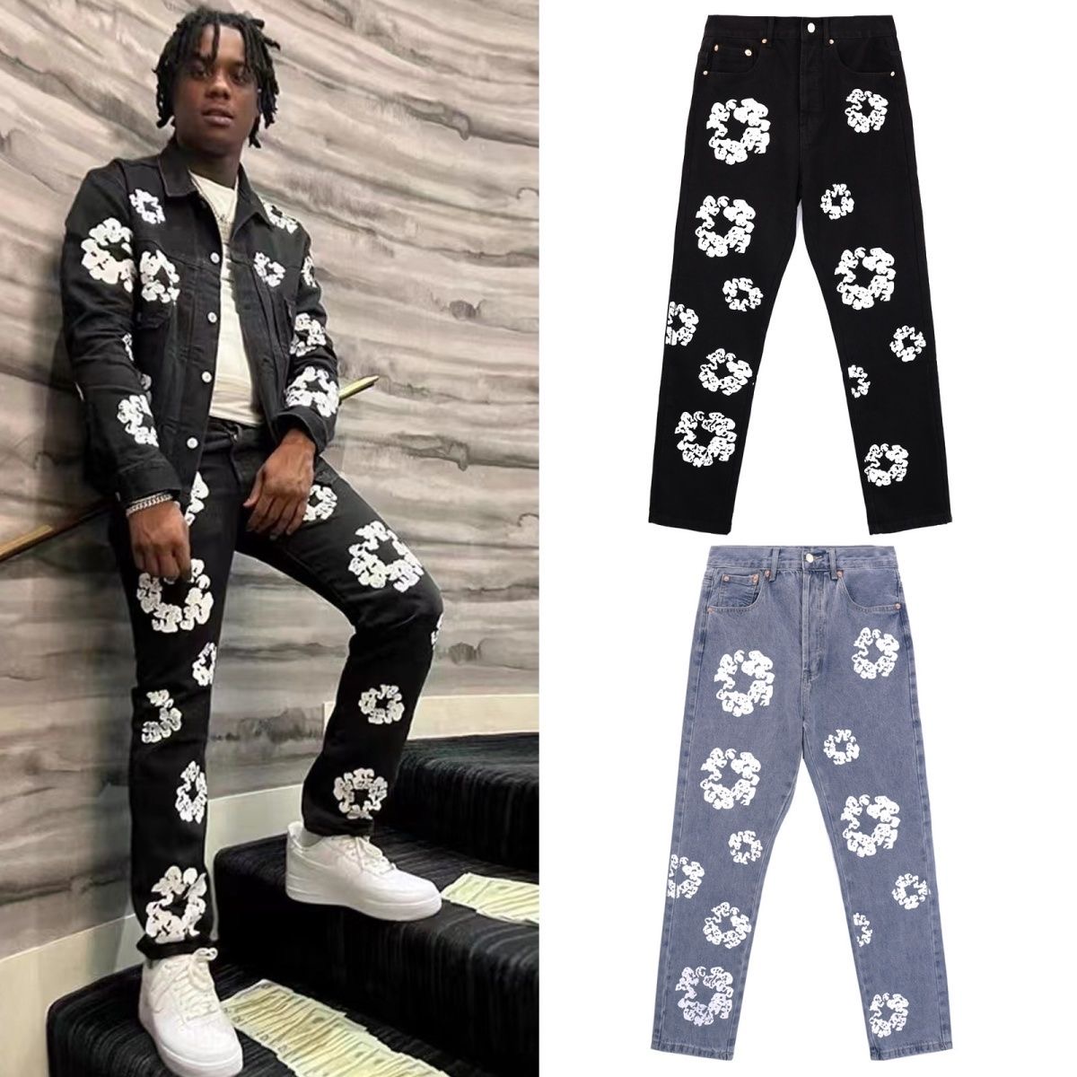 Kapok puff print high quality washing jeans