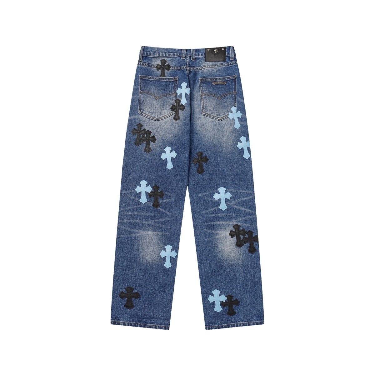 blue and black logo jeans