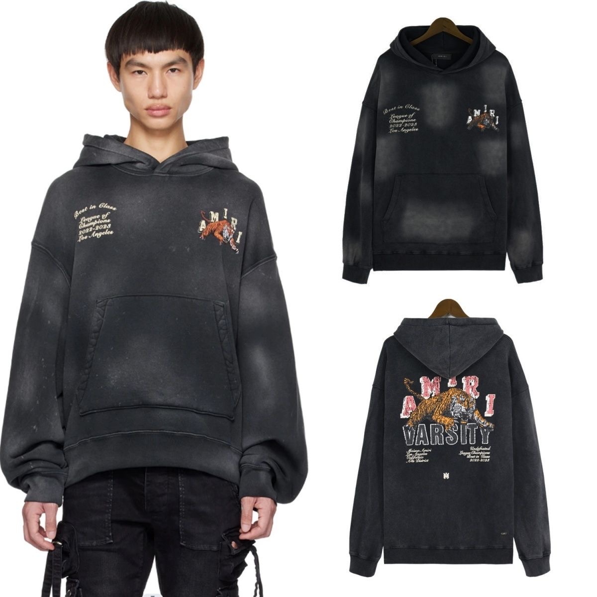 1:1 Best Quality Tiger Logo Letters Hoodie Washed Black