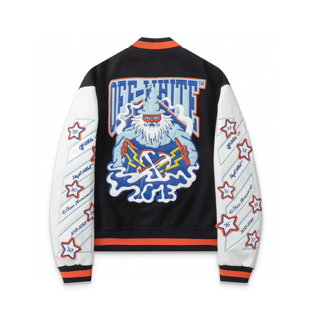 24ss Off White Leather Logo Baseball Jacket Black