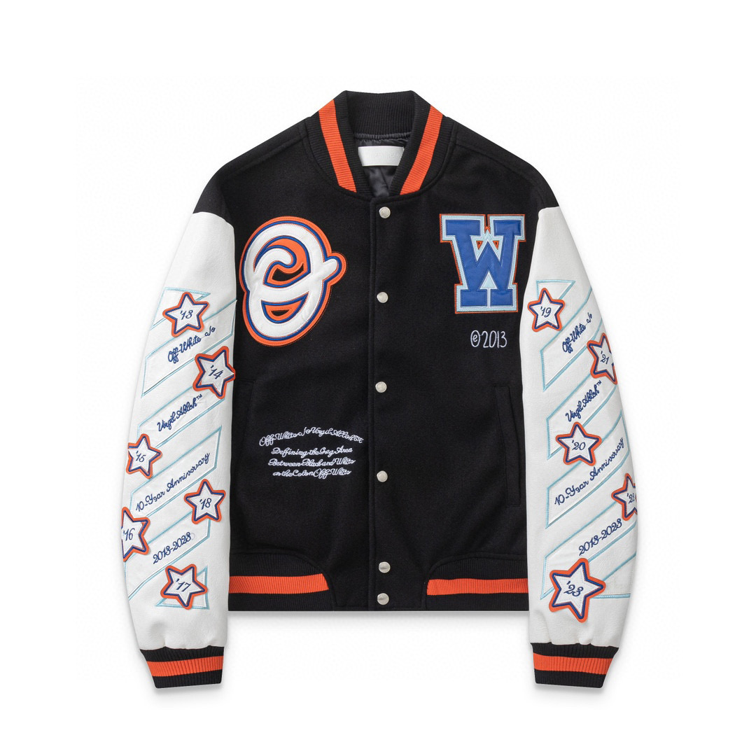 24ss Off White Leather Logo Baseball Jacket Black