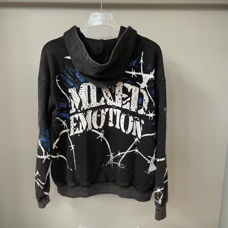 Mixed Emotion Washed Vintage Retro Print High Street Trendy Men's and Women's Pullover Hooded Sweatshirt