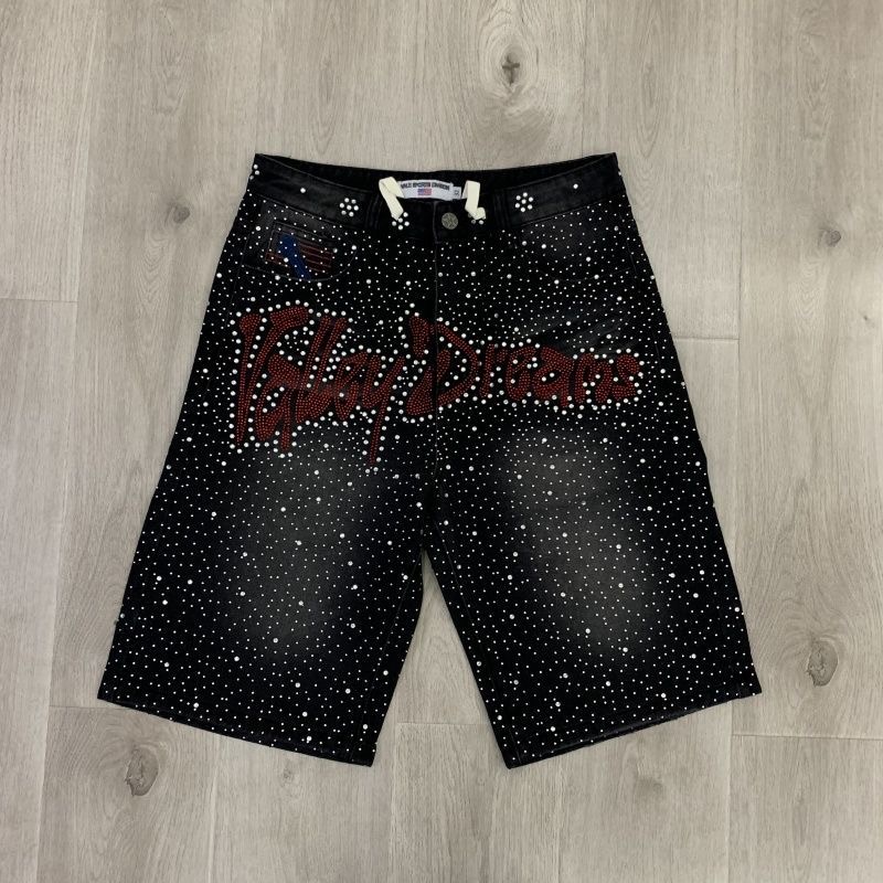 Vale Forever distressed five-inch pants with rhinestone letters
