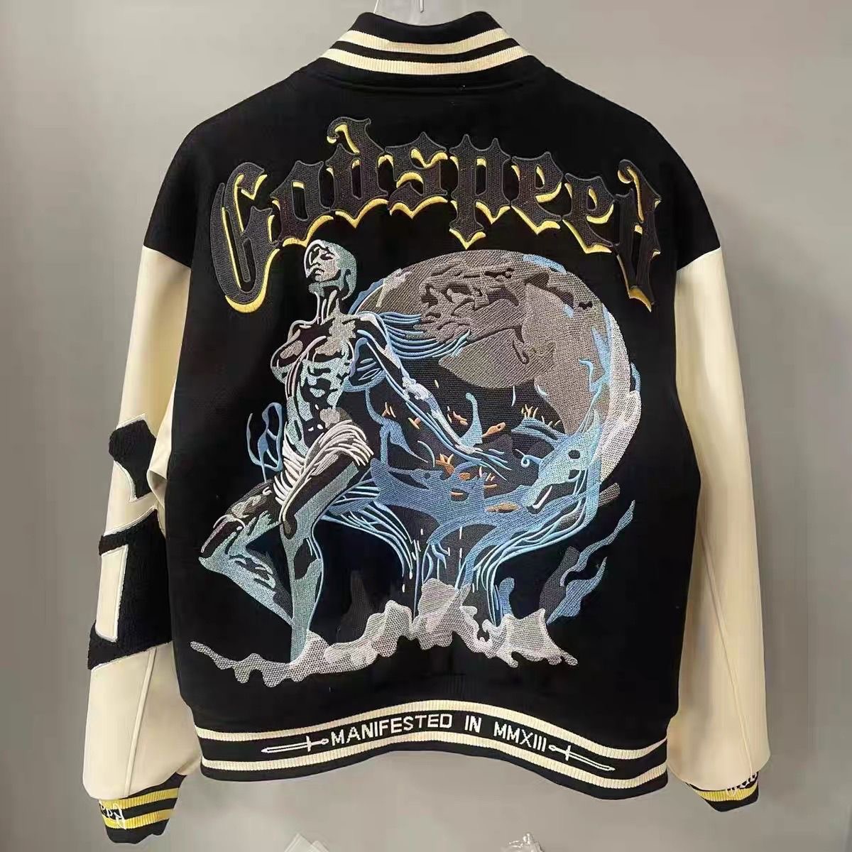 Godspeed Embroidered Quilted Baseball Jacket for Autumn and Winter