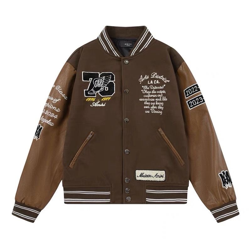 Amiri Patchwork Coat Embroidered Bone Print Pilot Jacket Baseball Shirt