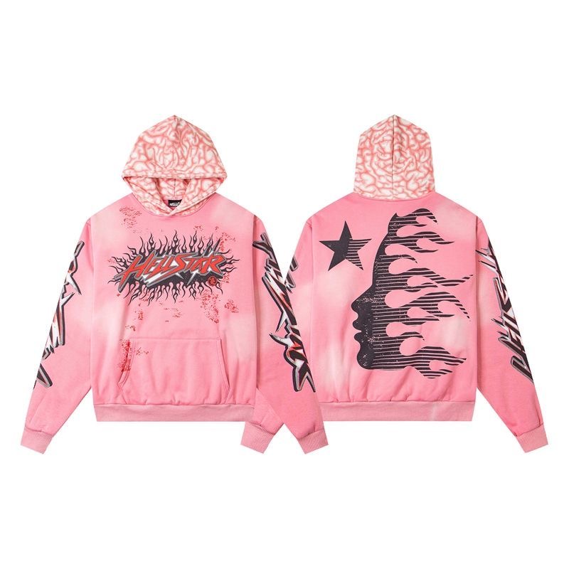 Hellstar American retro wash water spray horse chestnut plus velvet hooded sweatshirt loose autumn