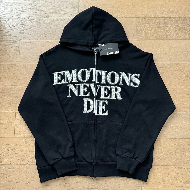 American style foreign trade MIXEDEMOTION letter diamond cardigan zipper jacket loose hooded sweatshirt