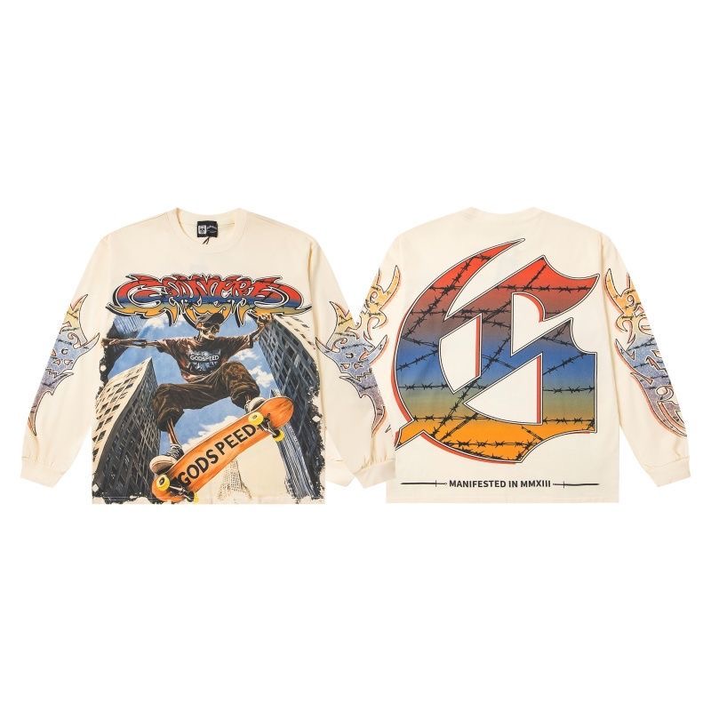 GodSpeed Street Skateboarding Skeleton Retro Printed Washed Outdated Loose Bottom Long Sleeve T-shirt
